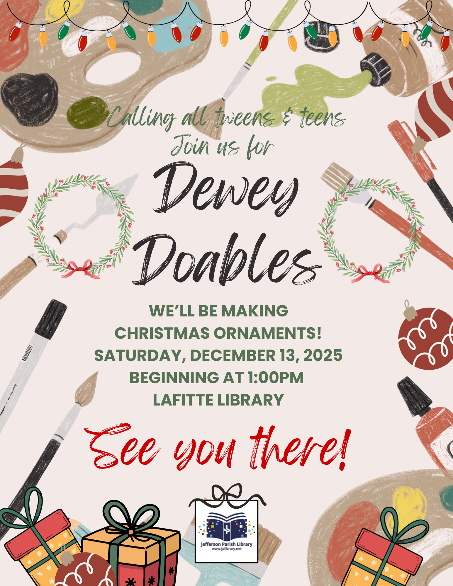 Flyer promoting Dewey Doables craft for 12/13/2025 beginning at 