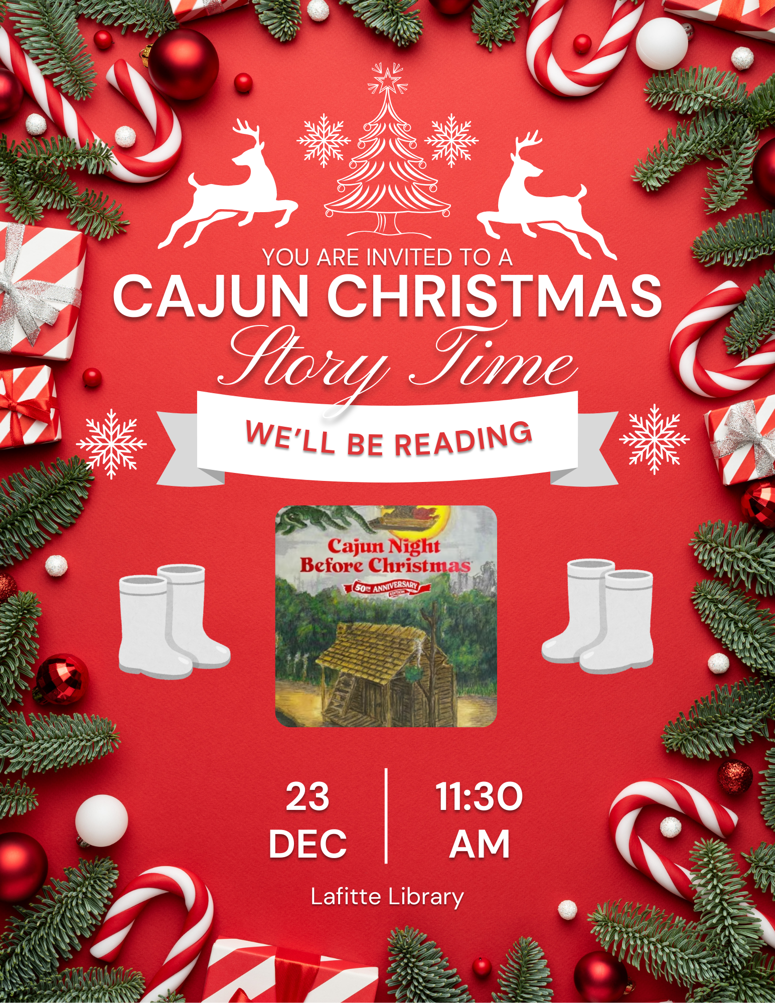 Flyer promoting Cajun Christmas Story Time scheduled for 12/23/2025 at 11:30a.m.