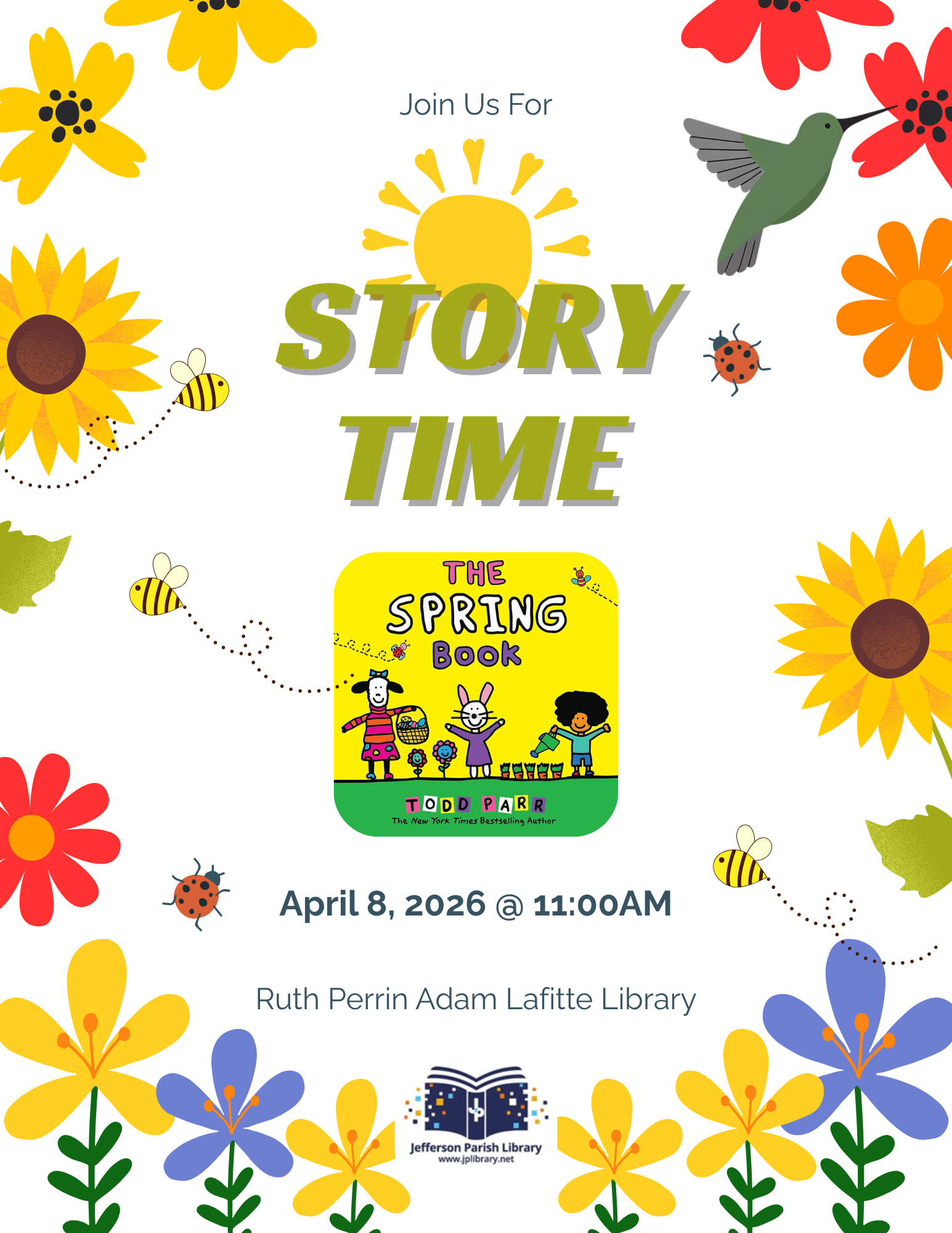 Flyer promoting Story Time, where we will be reading The Spring Book by Tod
