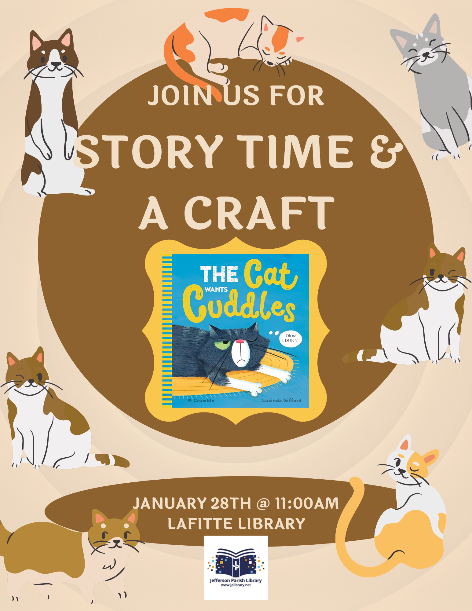 Flyer promoting January 28, 2025 Story Time beginning at 11:00AM.