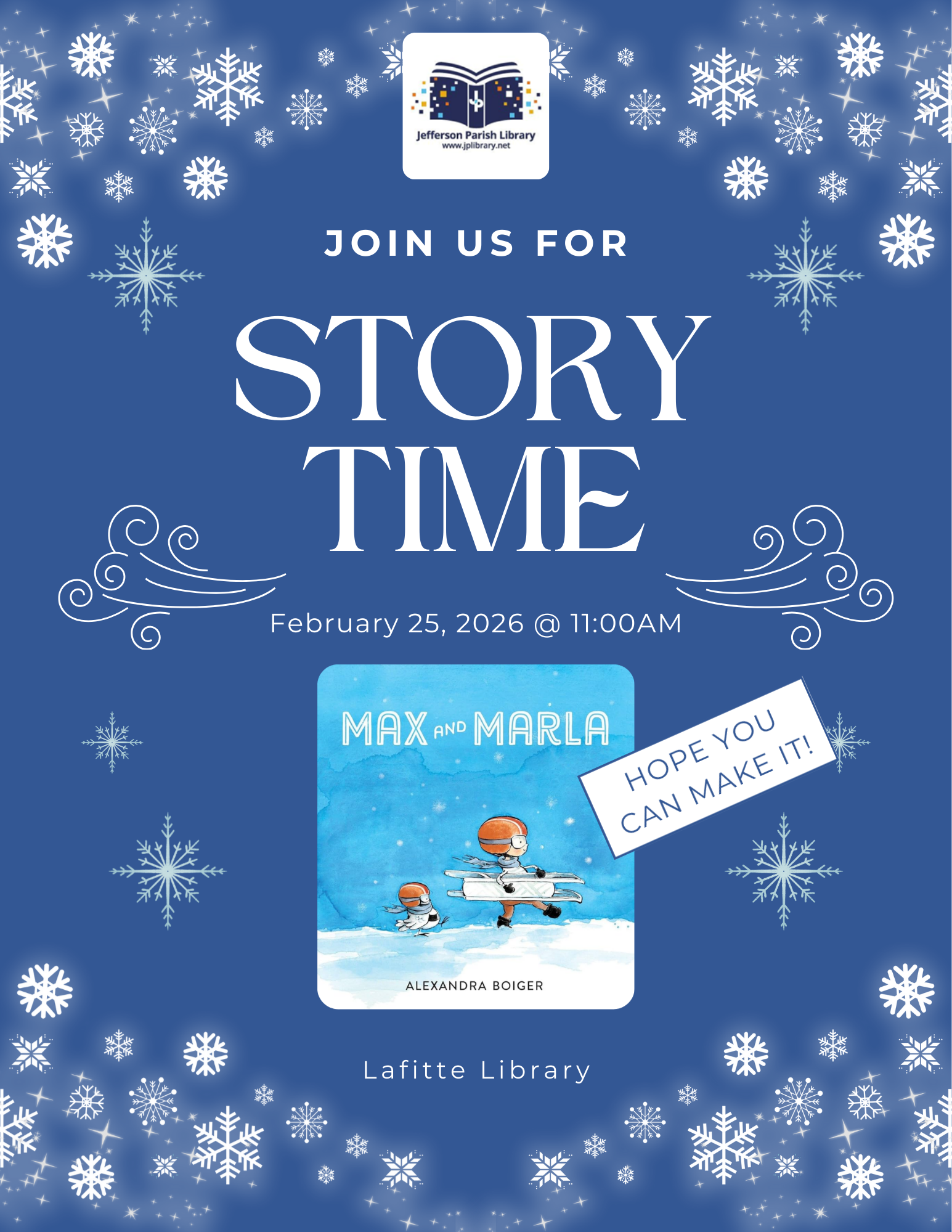 Flyer promoting Story Time beginning at 11:00am, where we will be rea