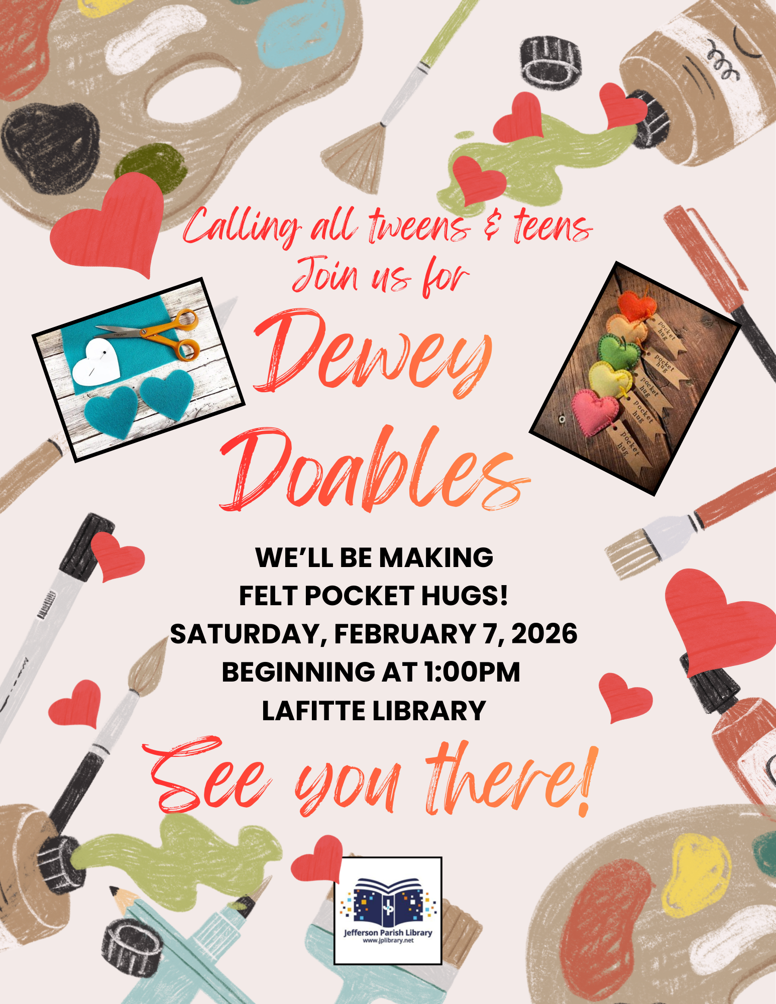 Flyer promoting Dewey Doables on 2/7/2026 beginning at 1:00pm, 