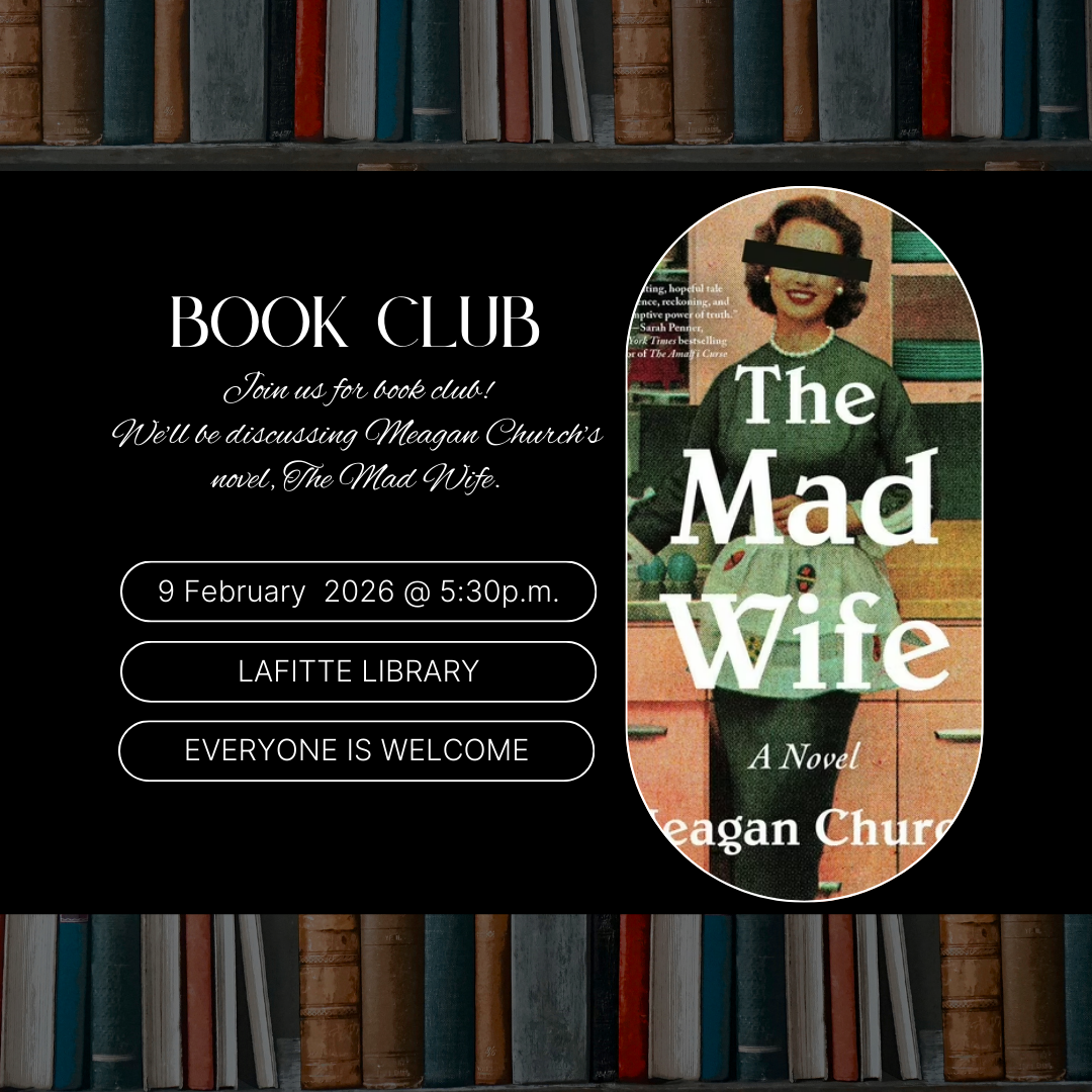 Flyer promoting Book Club, where we will be discussing Meagan Church's novel The