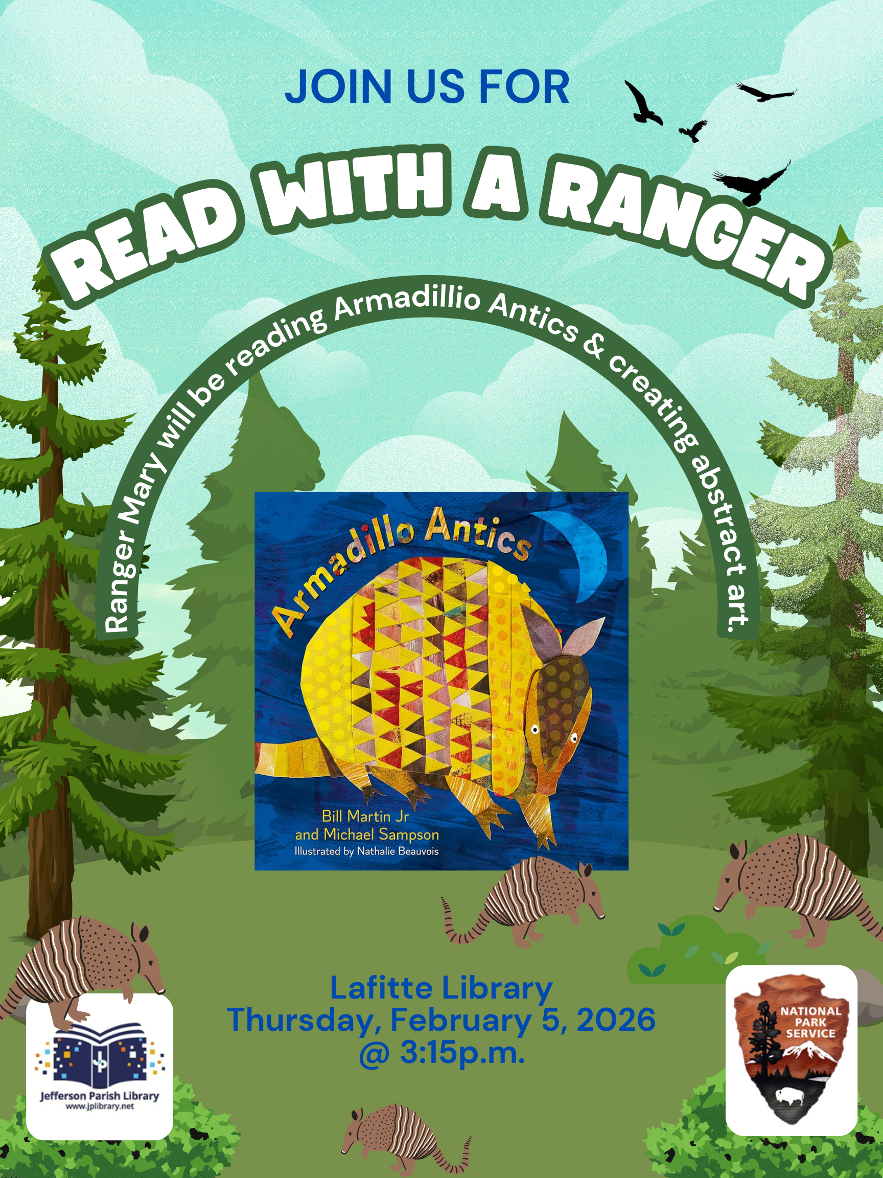 Flyer promoting Read with a Ranger on 2/5/2026, where Ranger Mary will be read
