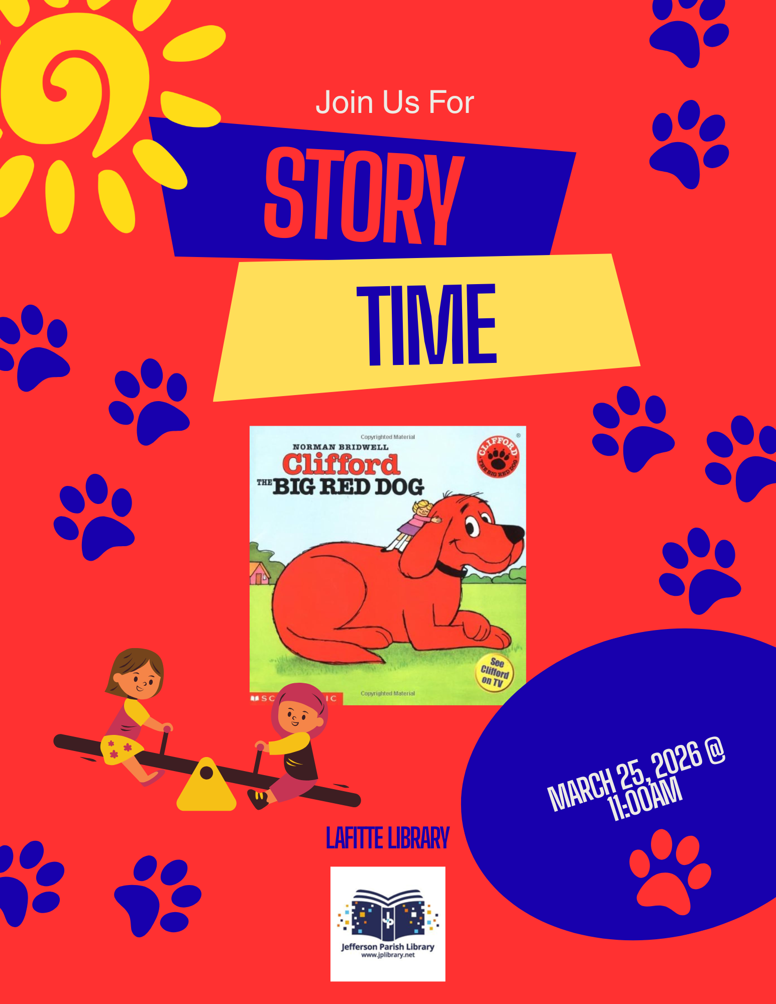 Flyer promoting Story Time on March 25, 2026 beginning at 11:00am,