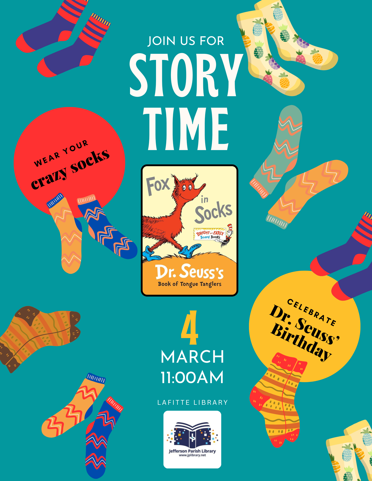 Flyer promoting Story Time, where we will be reading Fox in Socks by Dr.