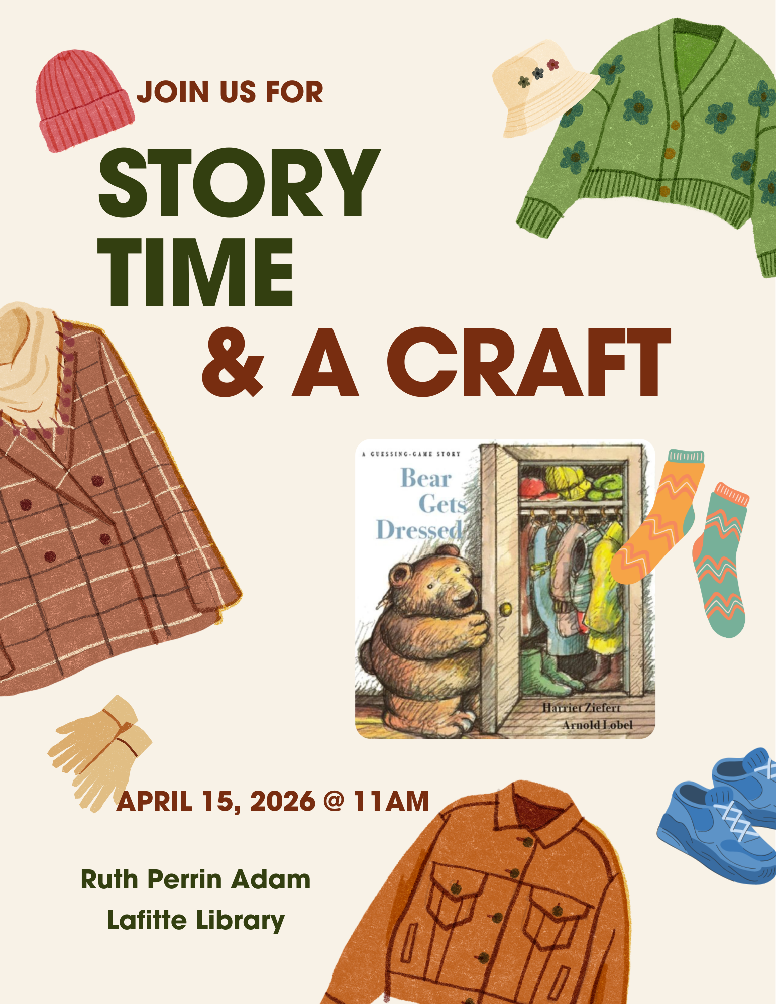 Flyer promoting Story Time, where we will be reading Bear Gets Dressed