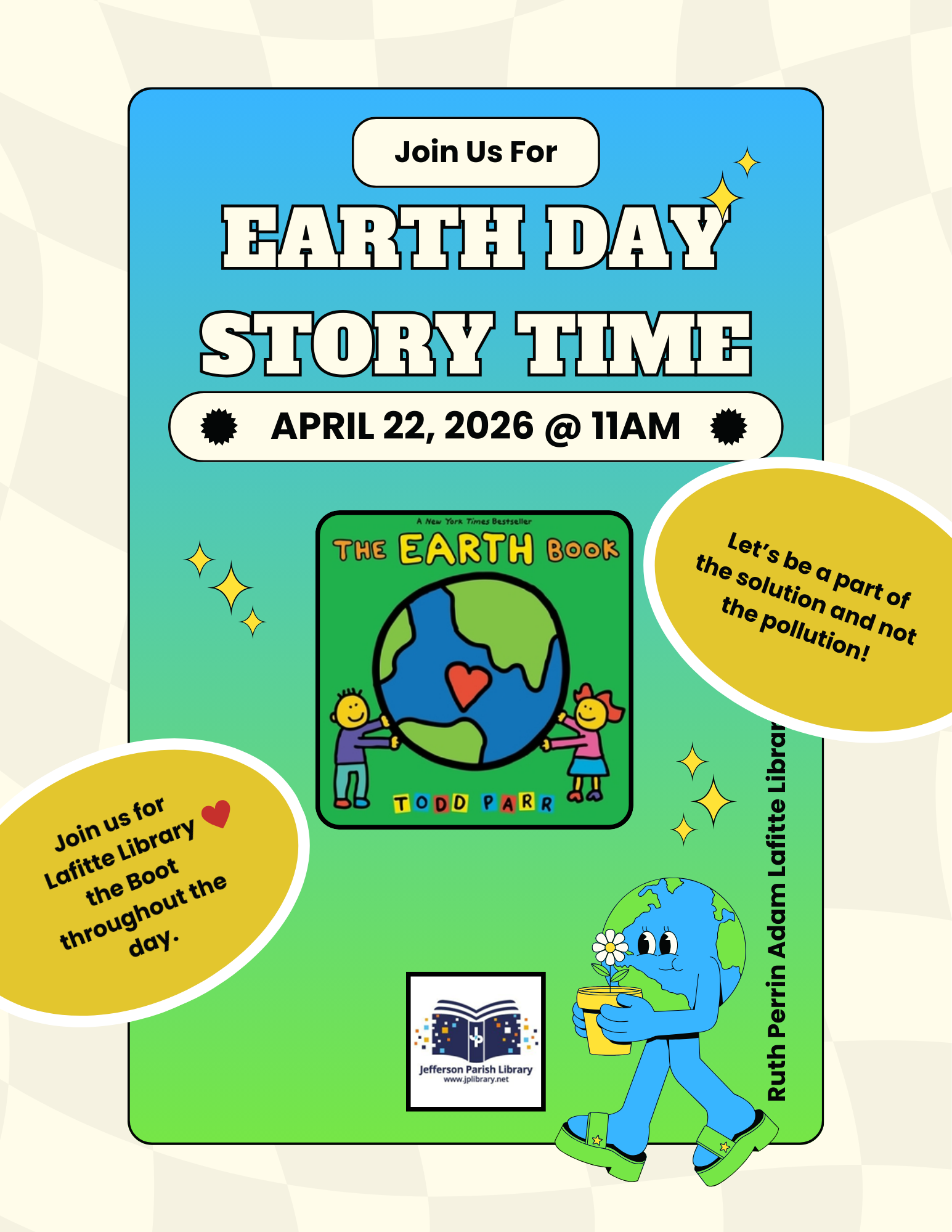 Flyer promoting Earth Day Story Time and a craft for children 0