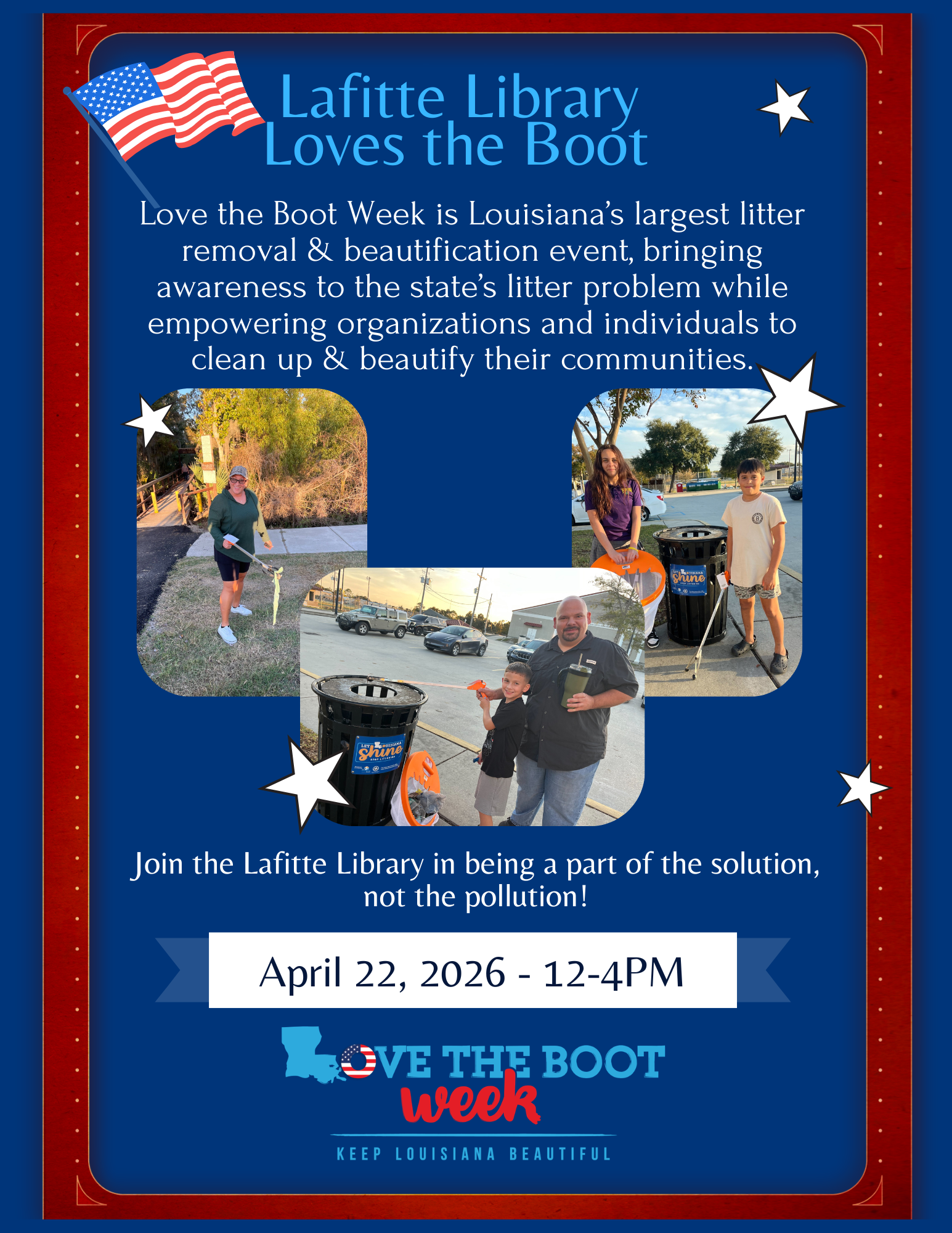 Flyer promoting Lafitte Library's participation in Love the Boot week on Apri