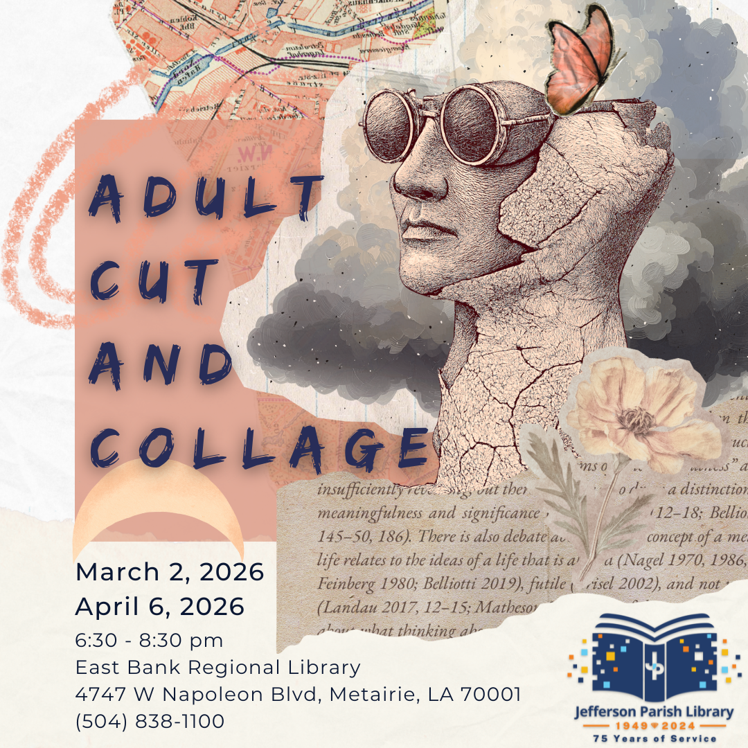 Promotional flyer for an “Adult Cut and Collage” library program.