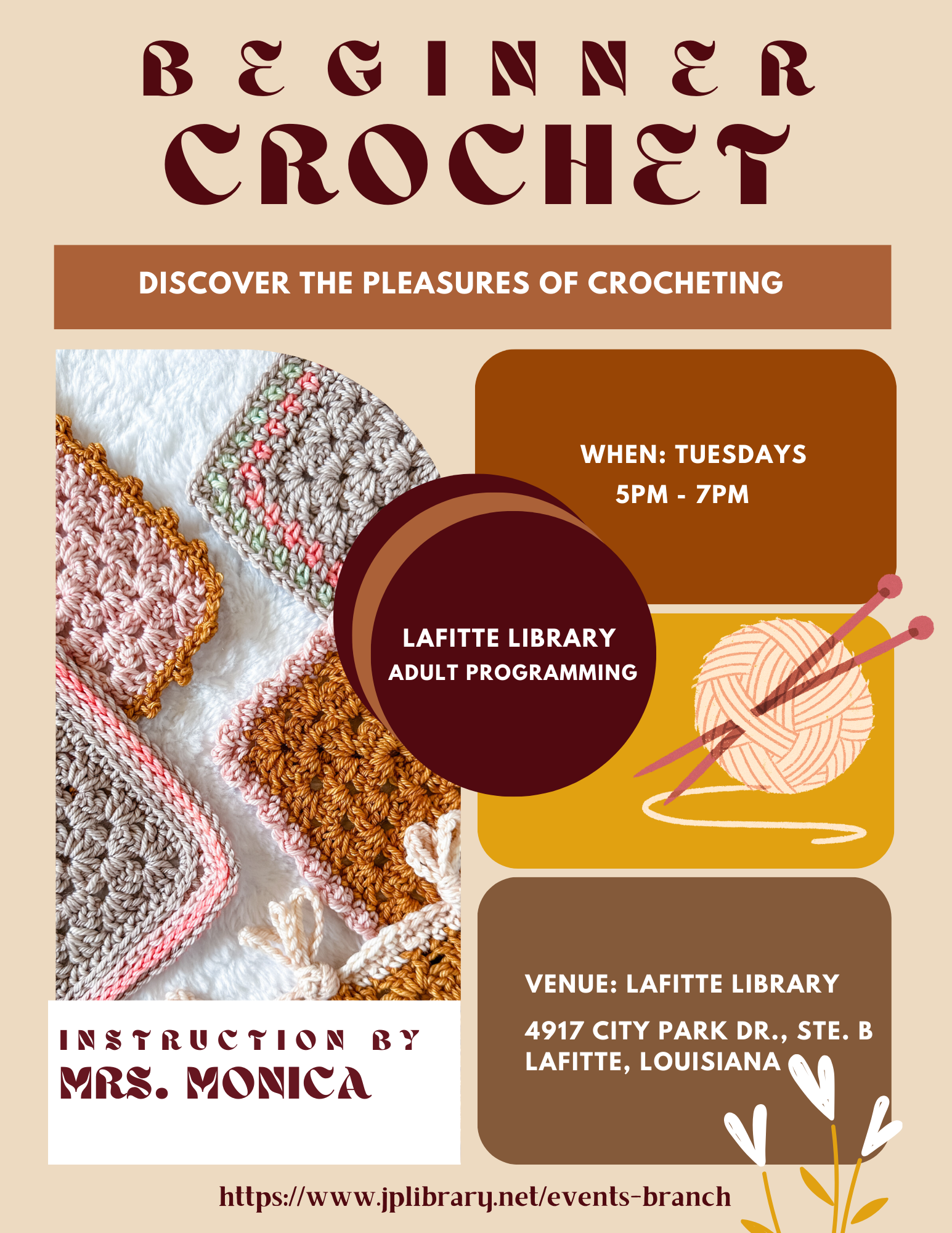 Flyer promoting Beginner Crochet class every Tuesday from
