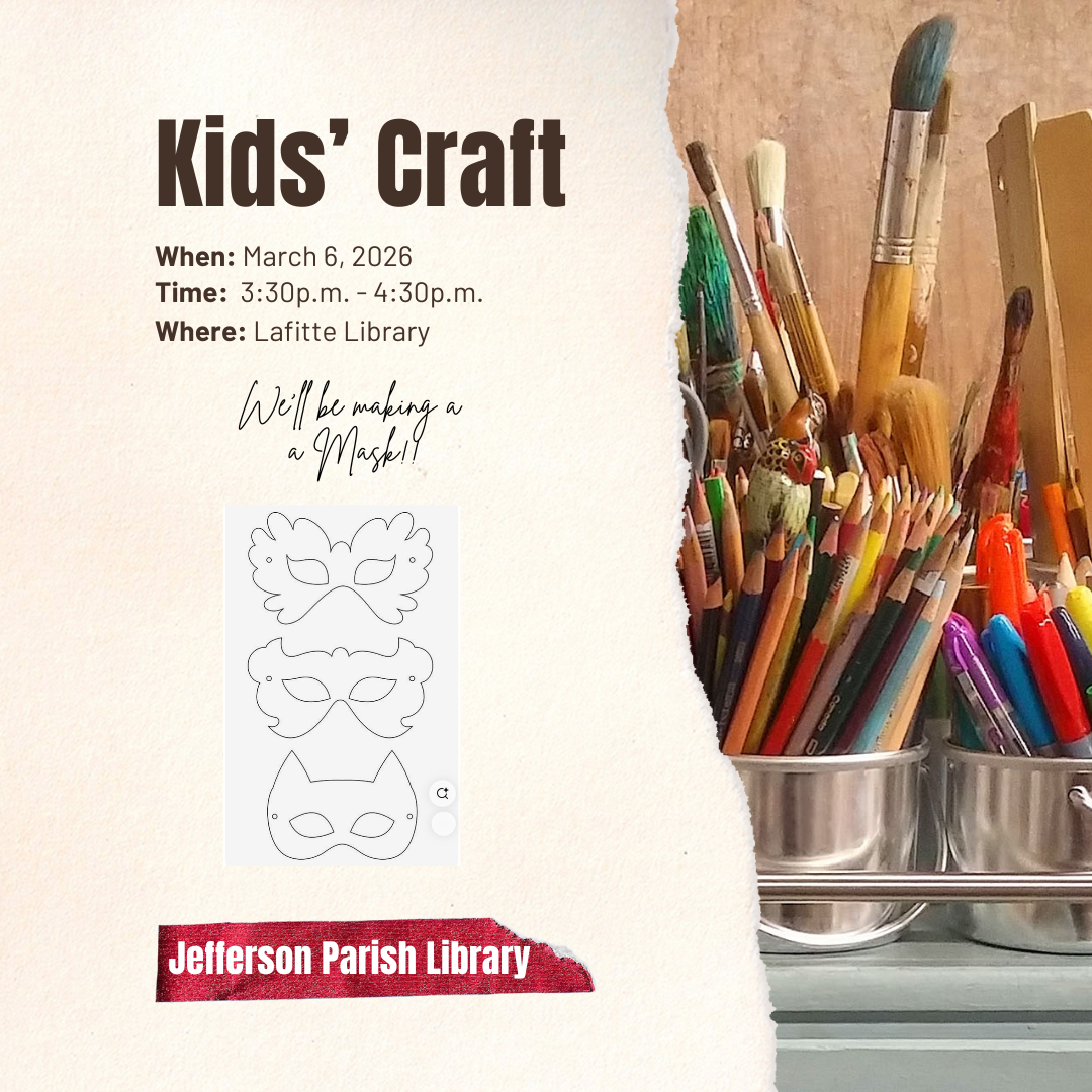 Flyer promoting Kids' Craft on March 5, 2026, where we will be making masks.