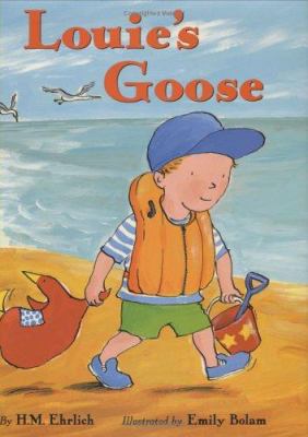 young boy walks on the beach carrying a shovel, bucket, and goose book cover image