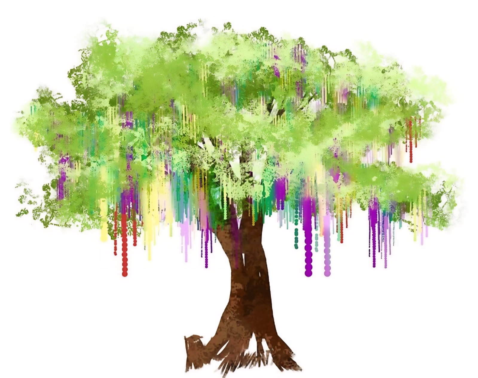 Painted tree with red, yellow, and purple beads hanging from branches