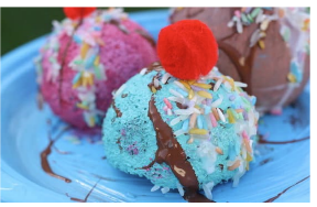Foam balls decorated to look like scoops of ice cream