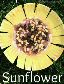 Paper plate decorated with corn kernels and painted to look like a sunflower