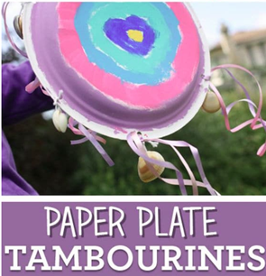 Paper plate decorated to resemble a tambourine