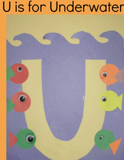 Paper cutout letter U with sever small fish with glued-on googly eyes