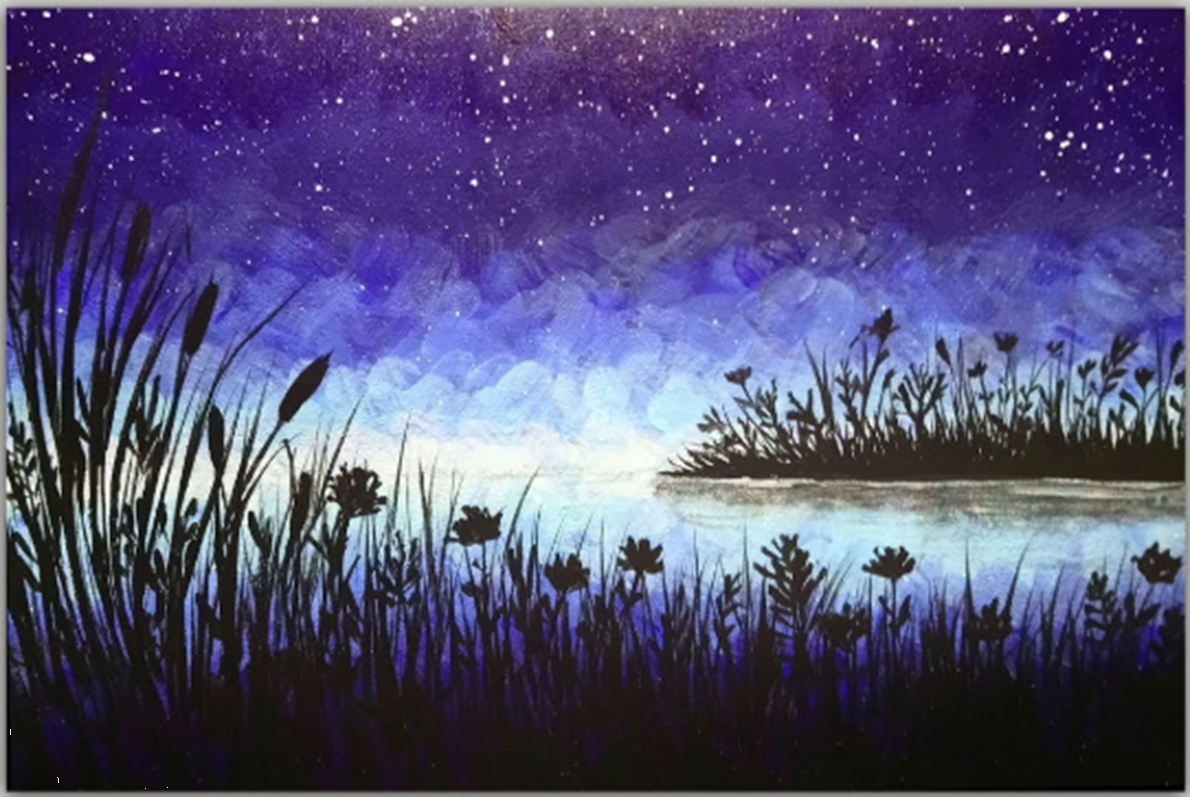 Acrylic painting of a marsh scene at night
