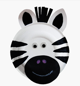Paper plate decorated with construction paper to look like a zebra head.