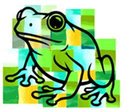 Small green, yellow, and blue strips of paper organized in the shape of a frog, with a line drawing of a frog superimposed