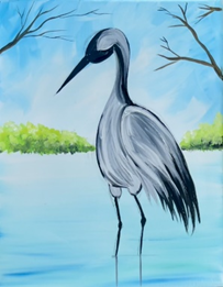 Acrylic painting of gray crane bird standing in blue water, with green bushes and brown branches in the background
