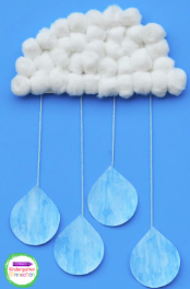 Cloud shape paper filled with white cotton balls with 4 strings hanging from the cloud with a blue raindrop hanging from each string.