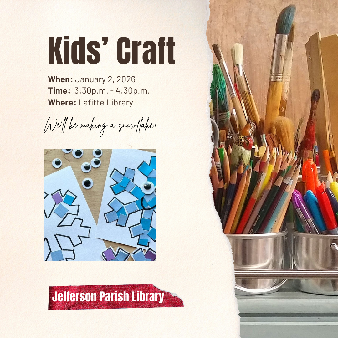 Flyer showing Kids' Craft date & time (1/2/26 @11:00AM) as well craft of the day (torn paper snowflake).
