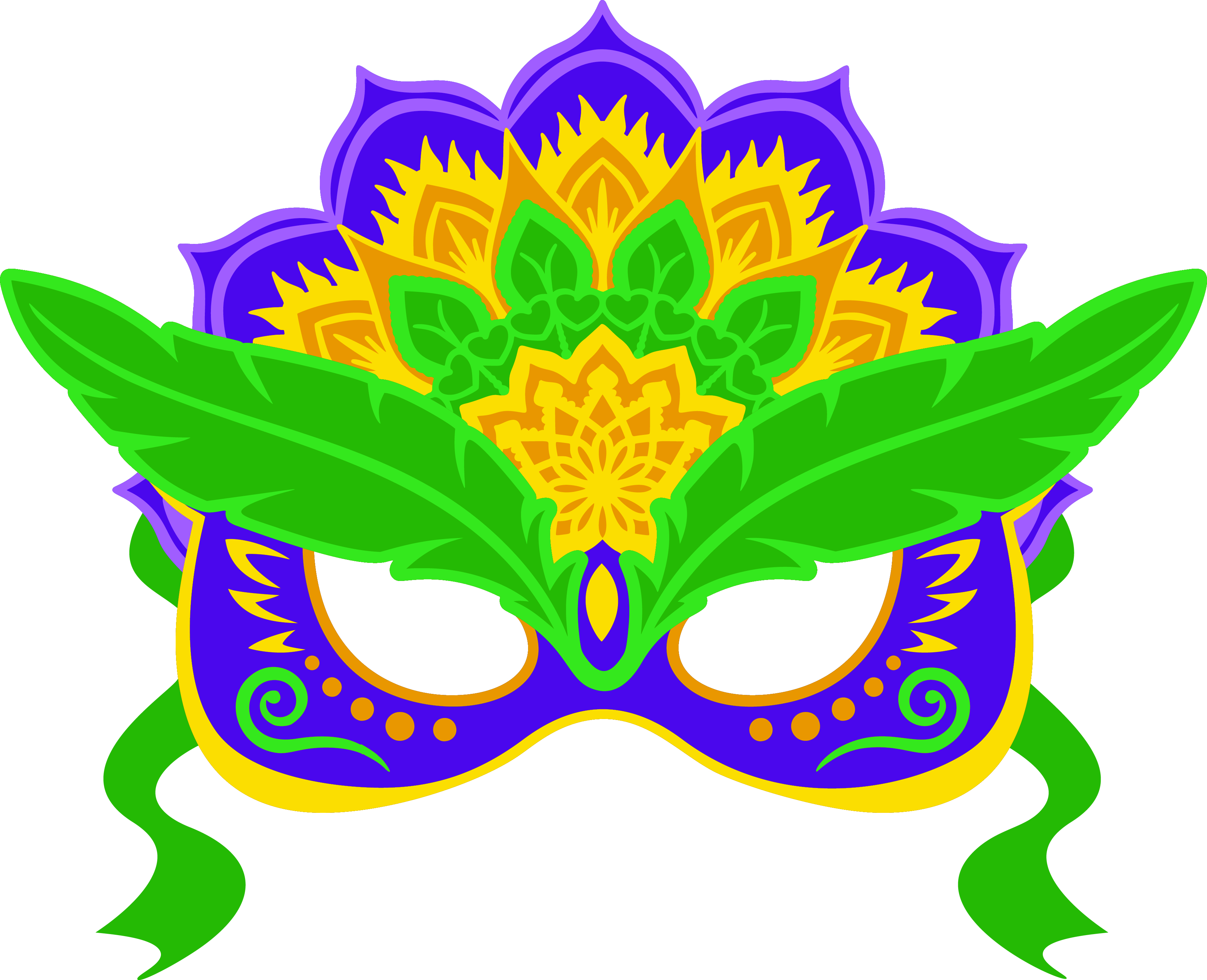 Illustrated Mardi Gras mask in purple, green, and gold. The mask features leaf-shaped green accents over the eyes, a layered floral and sunburst design at the top, and decorative swirls and dots along the cheeks. Green ribbon ties extend from both sides against a white background.