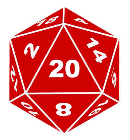 Red 20-side die showing the number 20