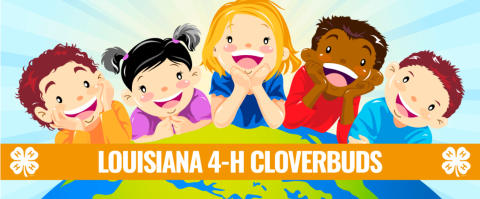 Smiling children sitting on top of a globe with a Louisiana 4-H Cloverbuds Logo underneath