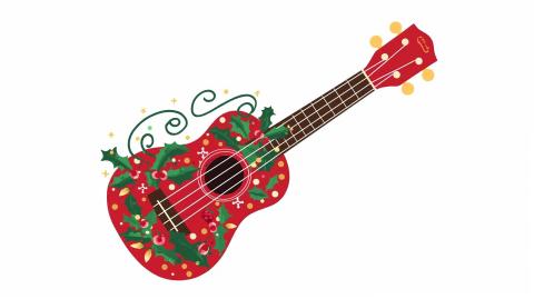 red ukulele with festive garland accents