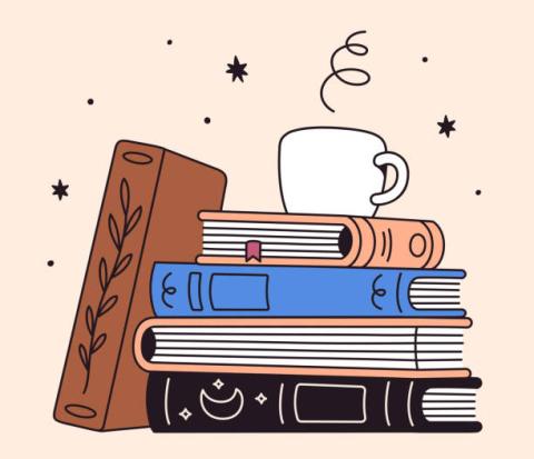 Stack of books topped with steaming cup 