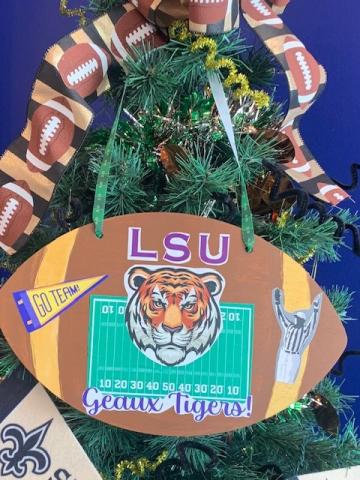 painted football hanging decoration with LSU and Tiger decoupage