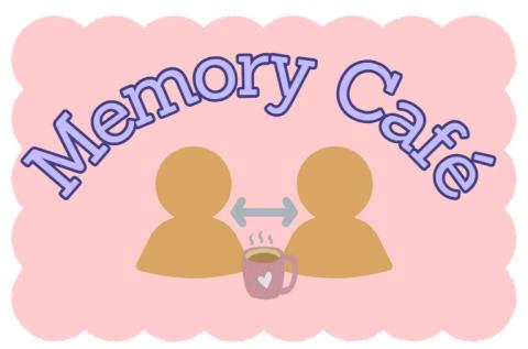 the words memory cafe over an illustration of two people talking over coffee.