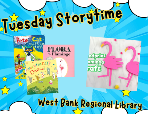 a photo of Tuesday storytime includes three books about dancing and a craft that allows the children to make a pink flamingo
