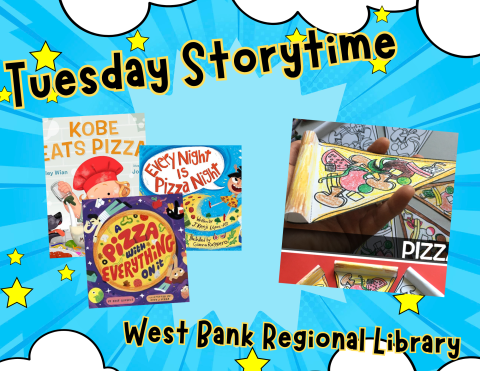 a photo of three books about making pizza and a craft that allows children to color and cut their own pizza slices