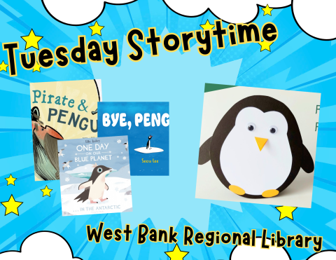 a photo of three books about black and white penguins and a craft that allows children to cut and decorate their own penguins