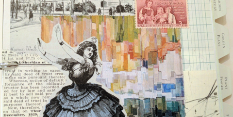 This photograph is an example of collage art, with cut-outs of images arranged to look like a woman in front of a colorful background.