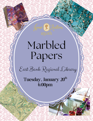 Flyer advertising Marble Papers Workshop at East bank Regional Library on Tuesday, January 20th at 6pm with examples of decorative marbled papers surrounding.