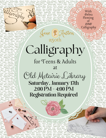 flyer for Jane Austen 250th Anniversary Calligraphy Class with Debbie Fleming 