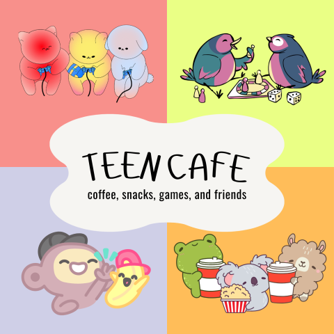 Foreground text on white squiggly shape: "teen cafe: coffee, snacks, games, and friends" Background different cute animals playing games, eating snacks, and high fiving