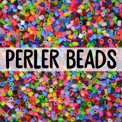 This photo is of a pile of colorful, plastic perler beads with the words "Perler Beads" written over them in large black font.