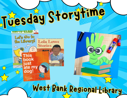 this image depicts three picture books about reading and libraries, with a handprint bookworm craft attached