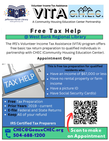 This flier advertises the free tax prep assistance program at the West Ban Regional Library and contains a QR code individuals can use to make an appointment.