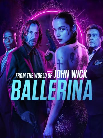 Promotional artwork for the film Ballerina, set in the world of John Wick. At center right, a woman with her hair pulled back looks over her shoulder toward the viewer while holding a handgun. She wears a dark, sleeveless dress, and tattoos are visible on her back and arm. To her left stands a man in a dark suit with shoulder-length hair, also holding a gun. Two additional men in suits stand in the background on either side. The scene is lit with purple and blue neon lighting, with an ornate circular design