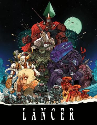 This is the cover of the Lancer RPG rulebook featuring representations of hypothetical characters from the game.