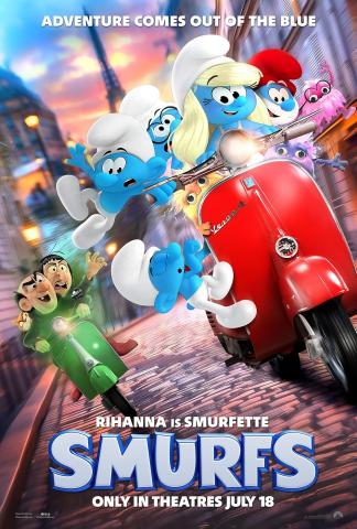 A colorful movie poster for The Smurfs shows several small blue Smurf characters riding a bright red scooter through a cobblestone Paris street at sunset. Smurfette, with long blonde hair and a white hat, drives the scooter while other Smurfs cling on and tumble behind her. In the background, the Eiffel Tower rises above glowing city lights. The villains Gargamel and Azrael chase them on a green scooter. Text at the top reads “Adventure Comes Out of the Blue,” and at the bottom reads “Rihanna is Smurfette,”