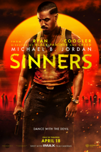 This picture is the theatrical poster for the movie Sinners, which features the main character walking in a tank top while holding a gun.