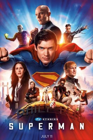 Promotional artwork for a Superman film. At the center, Superman flies forward toward the viewer with both arms extended, wearing a blue suit with a red cape and the red-and-yellow “S” shield on his chest. Behind and around him are several other characters arranged in a collage, including a bald man in a dark suit, a woman holding a clipboard, a man with a camera, a small white dog standing on a globe-like structure, and multiple figures in superhero-style costumes with glowing or lightning-like effects. Th